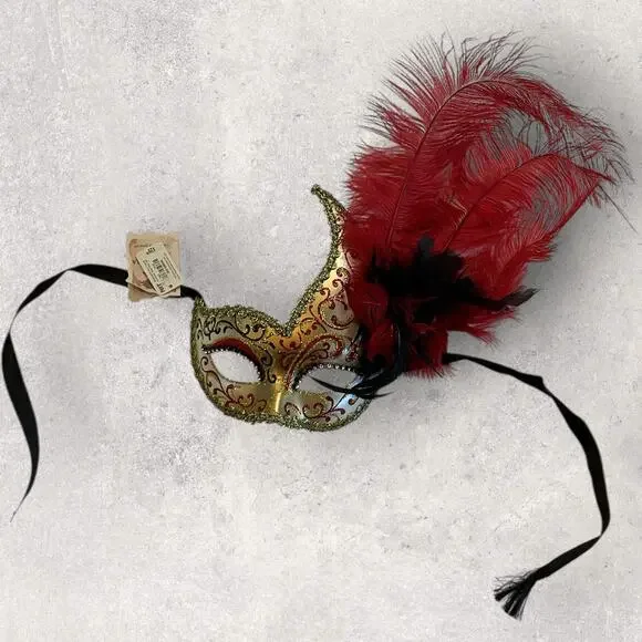 Pier 1 Venetian Masquerade Mask Red Feather Gold Baroque Mardi Gras Costume - Picture 2 of 5